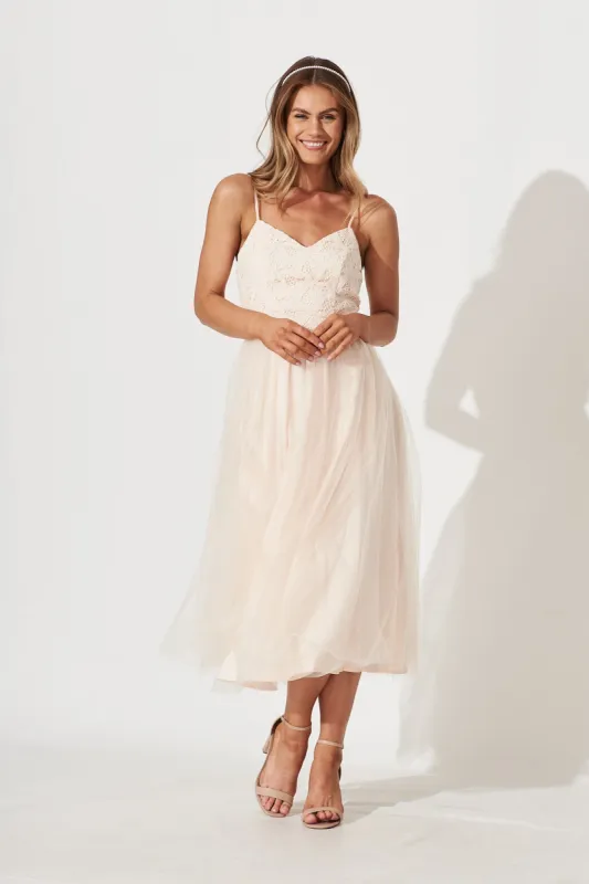 Chloe Midi Dress In Champagne Lace And Tulle Skirt sold by St Frock