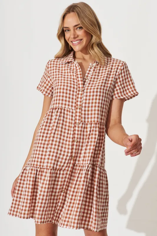 Colette Shirt Dress In Rust And White Gingham Cotton Blend sold by St Frock