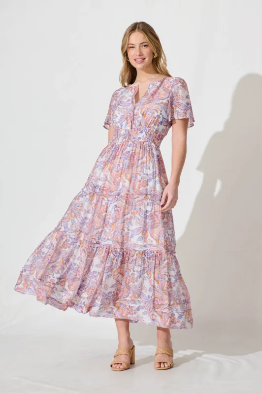 Catania Maxi Dress In Pink And Lilac Paisley Print sold by St Frock
