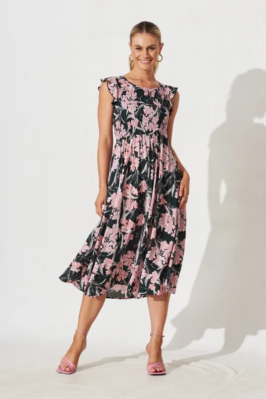 Lainey Midi Dress In Green With Pink Floral sold by St Frock