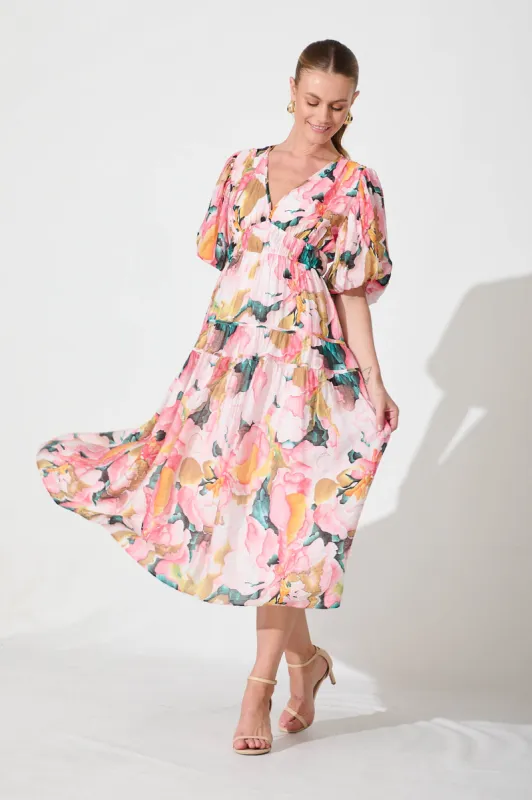 Amalie Midi Dress In Pink And Multi Floral sold by St Frock