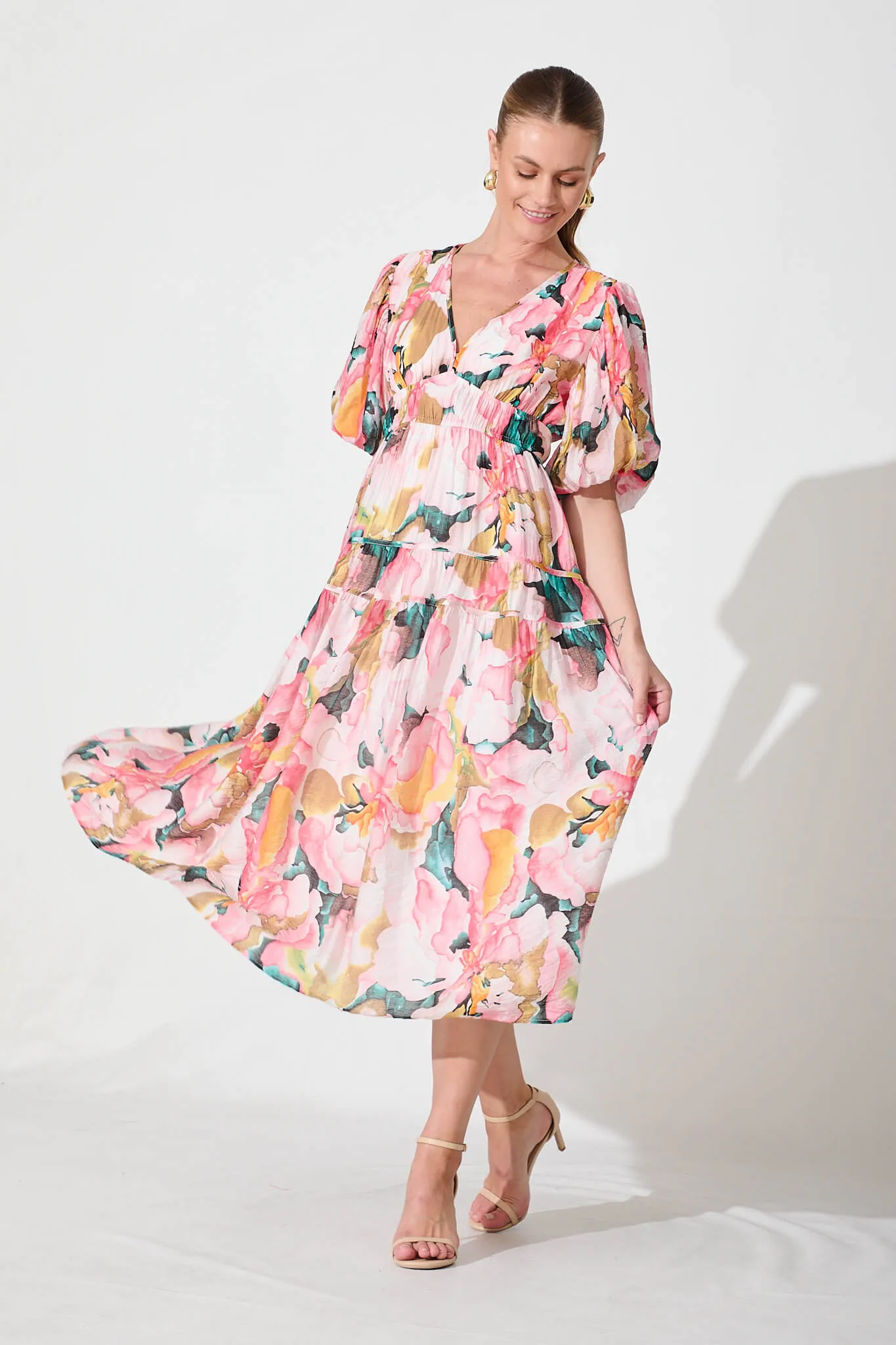 Amalie Midi Dress In Pink And Multi Floral sold by St Frock