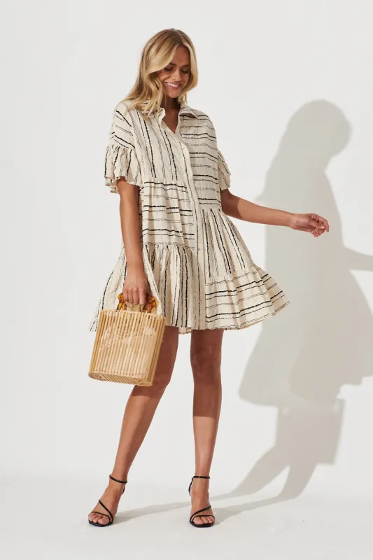 Freya Shirt Dress In Beige With Black Stripe Cotton sold by St Frock