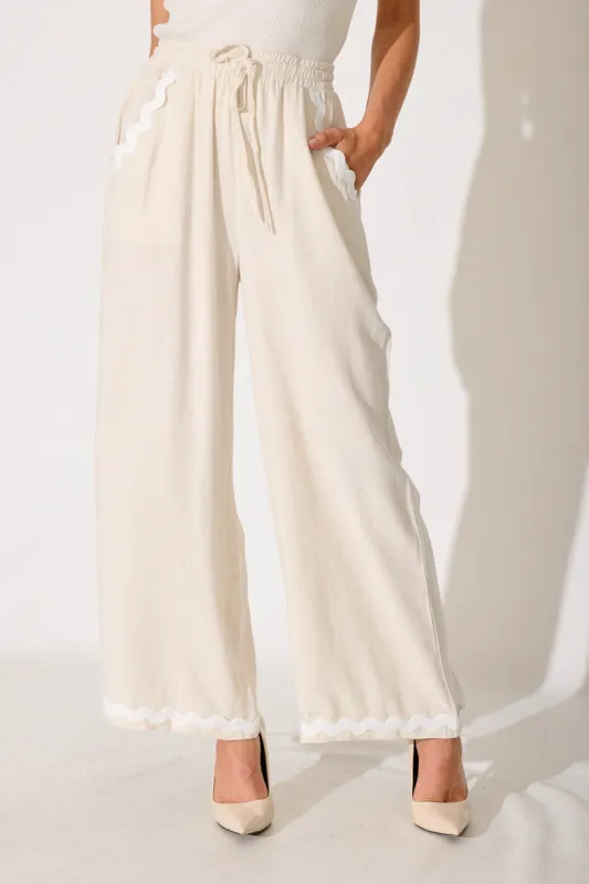 Anya Pant In Oat With White Ric Rac Trim Linen Blend sold by St Frock