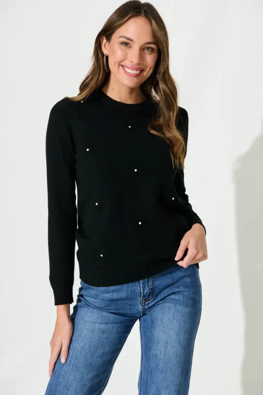 Dottie Knit In Black With Flower And Diamonte Detail sold by St Frock
