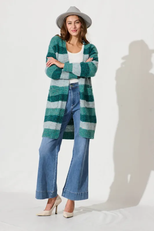 Lydia Knit Cardigan In Multi Green Stripe Wool Blend sold by St Frock