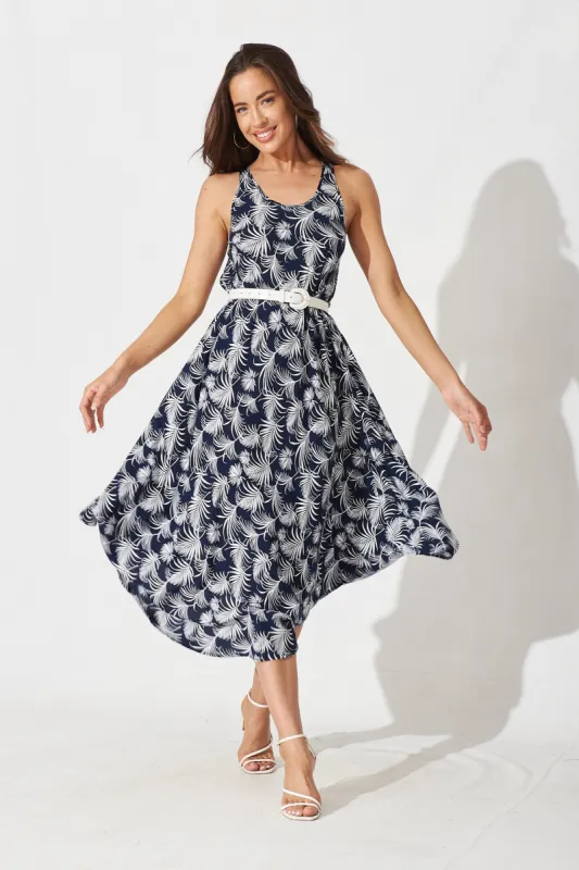 Varese Midi Dress In Navy With White Leaf sold by St Frock