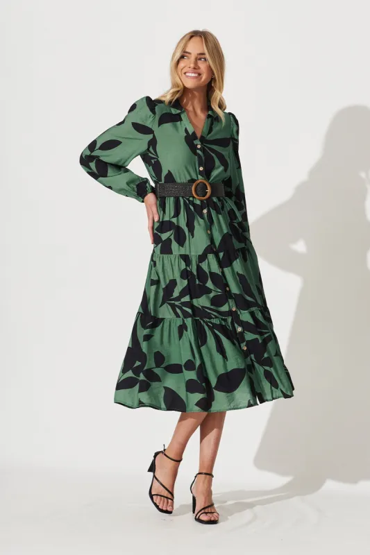 Bienne Midi Shirt Dress In Green With Black Leaf Print Cotton Blend sold by St Frock
