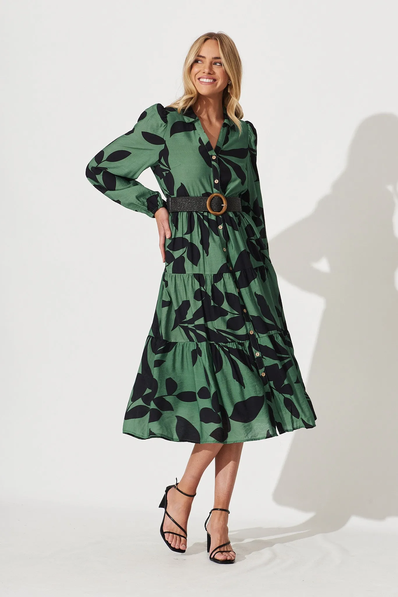 Bienne Midi Shirt Dress In Green With Black Leaf Print Cotton Blend sold by St Frock