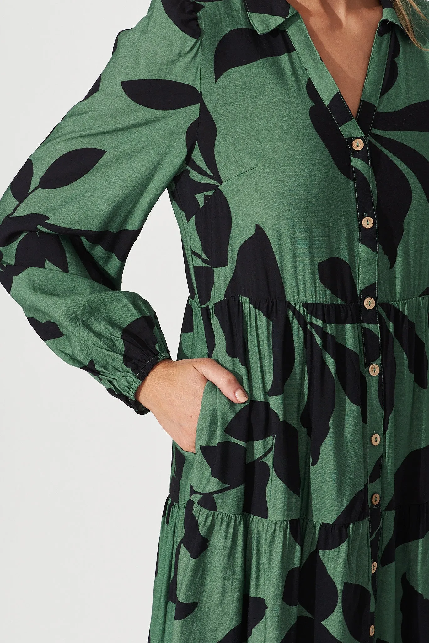 Bienne Midi Shirt Dress In Green With Black Leaf Print Cotton Blend sold by St Frock product image thumbnail 5