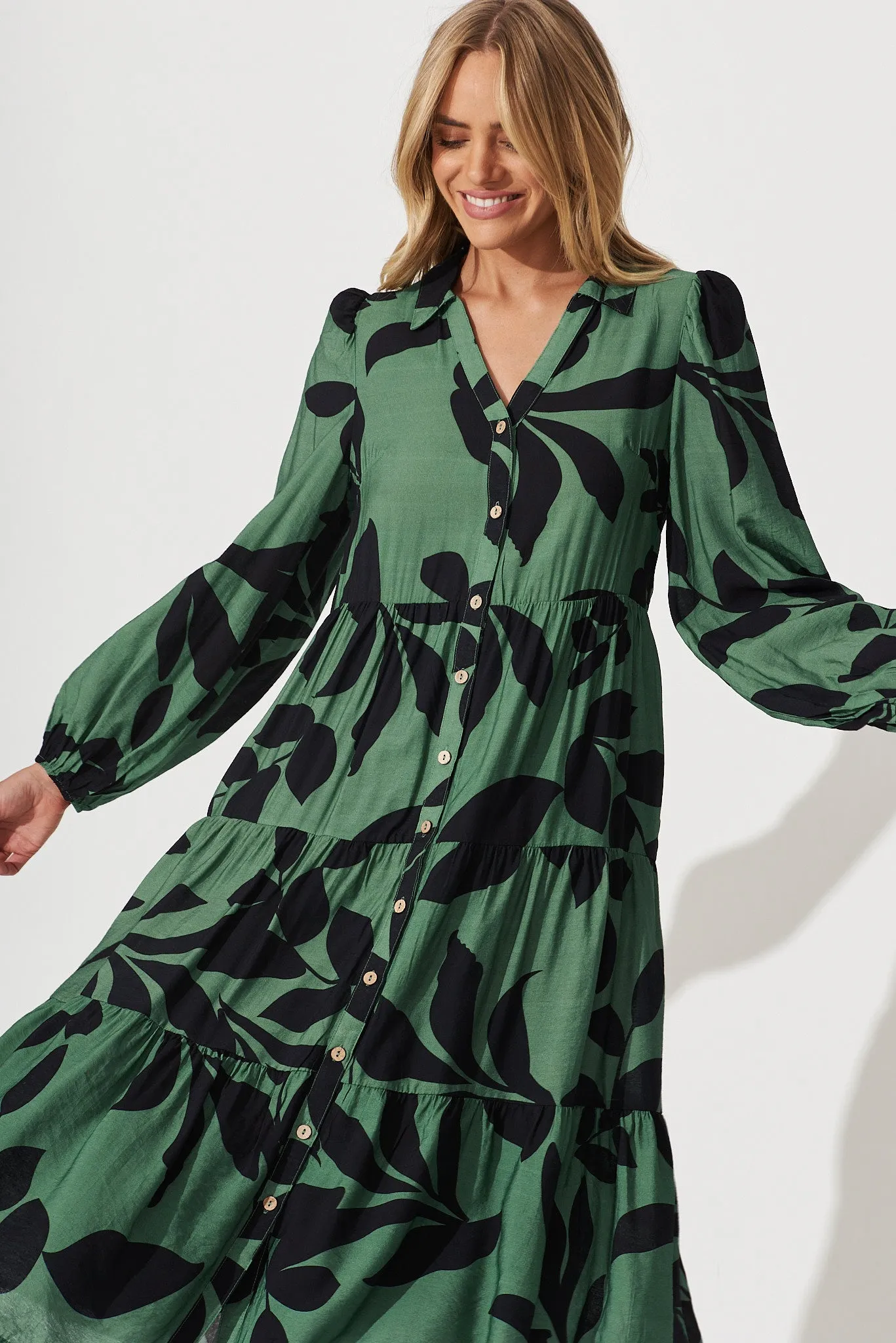 Bienne Midi Shirt Dress In Green With Black Leaf Print Cotton Blend sold by St Frock product image thumbnail 2