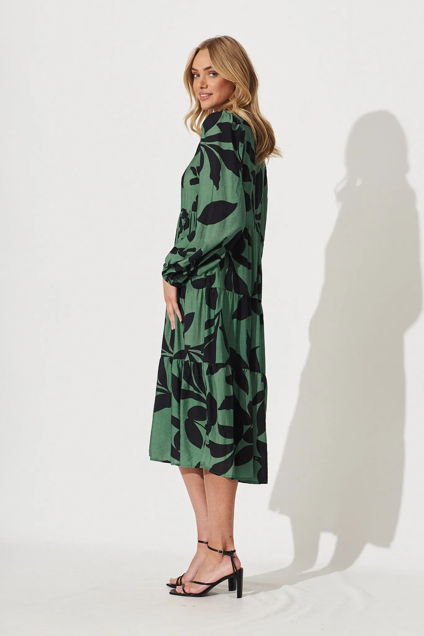Bienne Midi Shirt Dress In Green With Black Leaf Print Cotton Blend sold by St Frock product image thumbnail 3