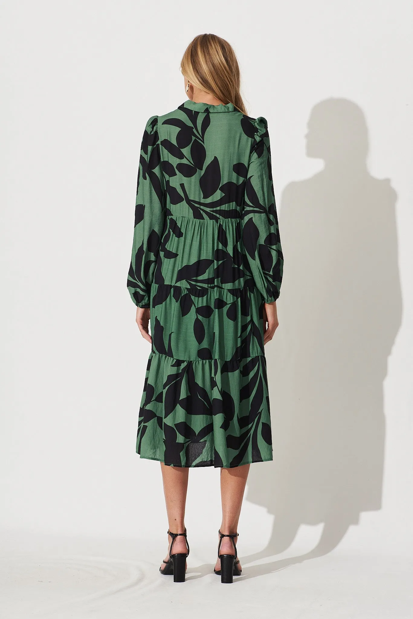 Bienne Midi Shirt Dress In Green With Black Leaf Print Cotton Blend sold by St Frock product image thumbnail 4