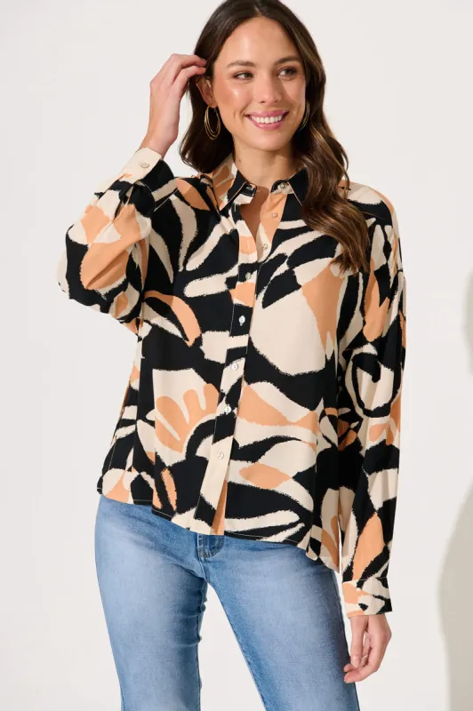 Greta Shirt In Black With Coffee Abstract Print sold by St Frock