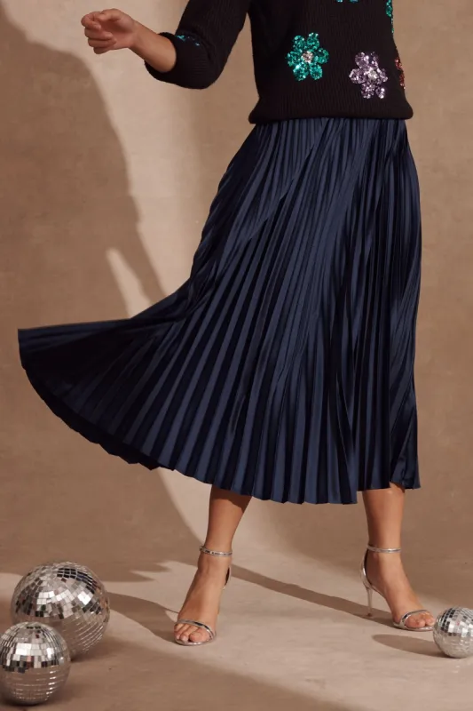 Allison Midi Pleat Skirt In Navy Satin sold by St Frock