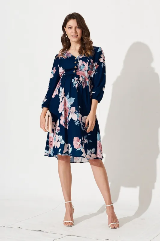 Carolyn Dress In Navy And Pink Floral made by St Frock