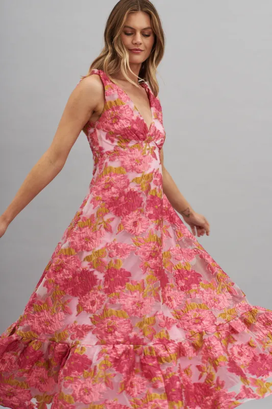 Deluxe Maxi Dress In Pink Floral Organza Burnout sold by St Frock