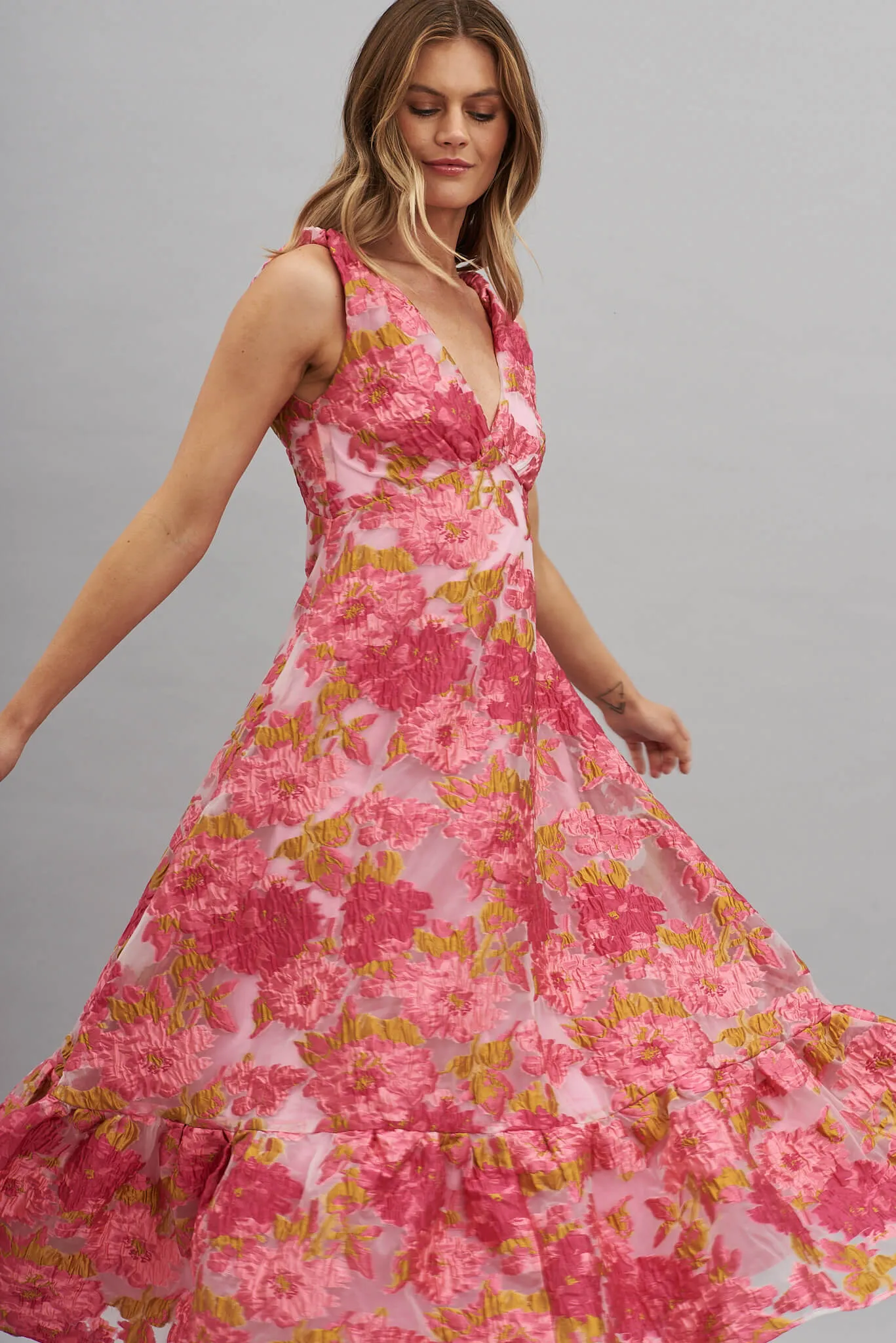 Deluxe Maxi Dress In Pink Floral Organza Burnout sold by St Frock