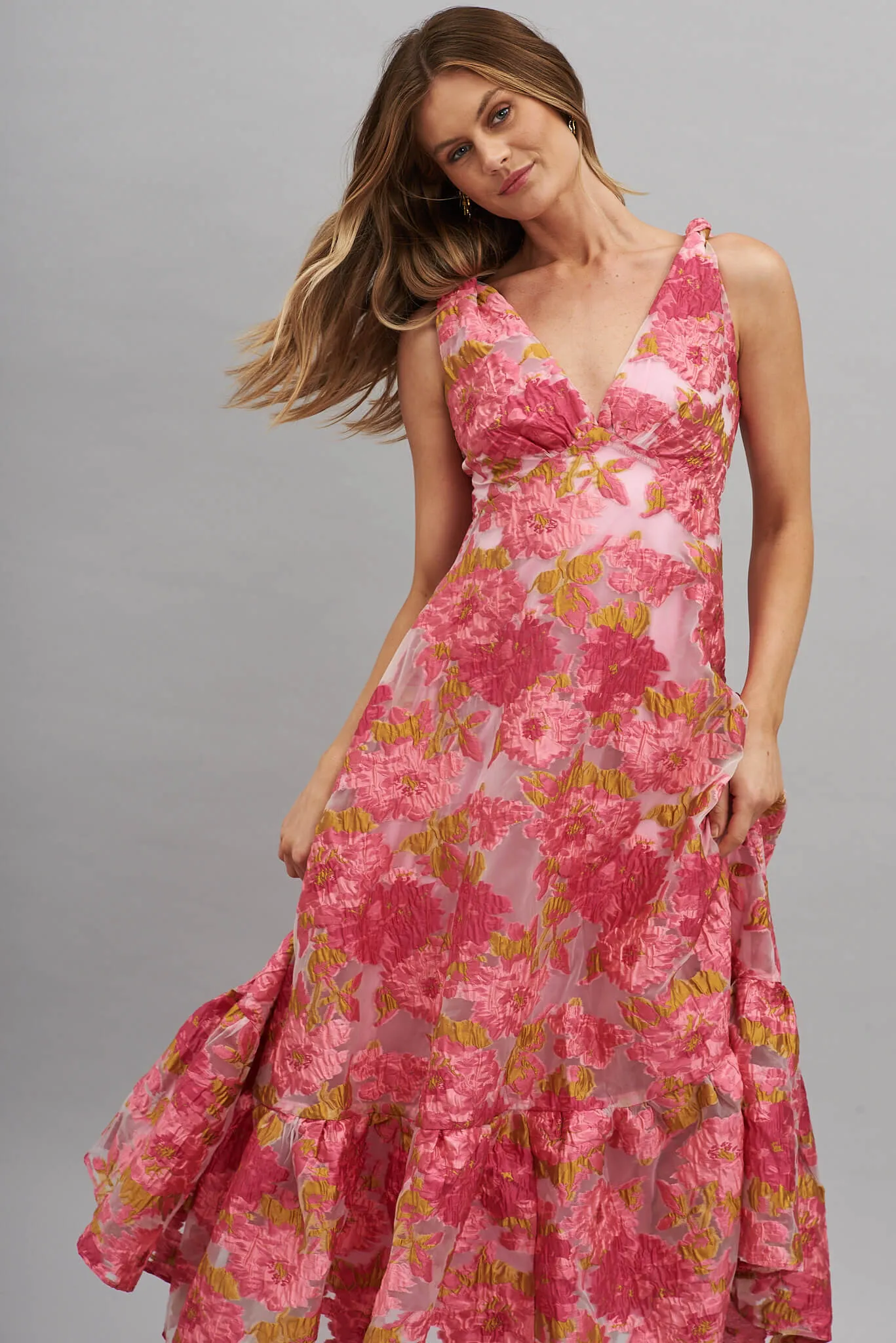 Deluxe Maxi Dress In Pink Floral Organza Burnout sold by St Frock product image thumbnail 5