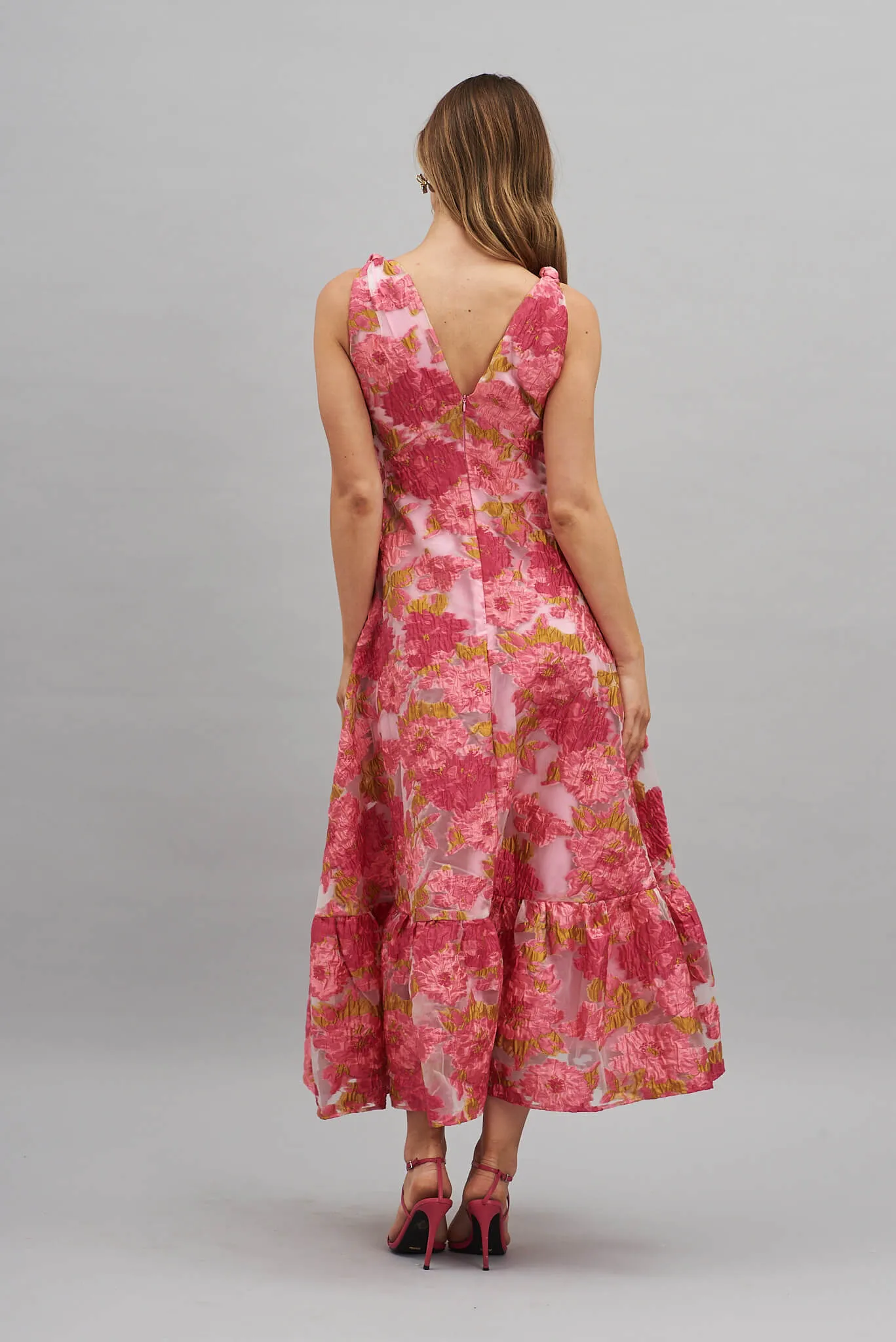 Deluxe Maxi Dress In Pink Floral Organza Burnout sold by St Frock product image thumbnail 4