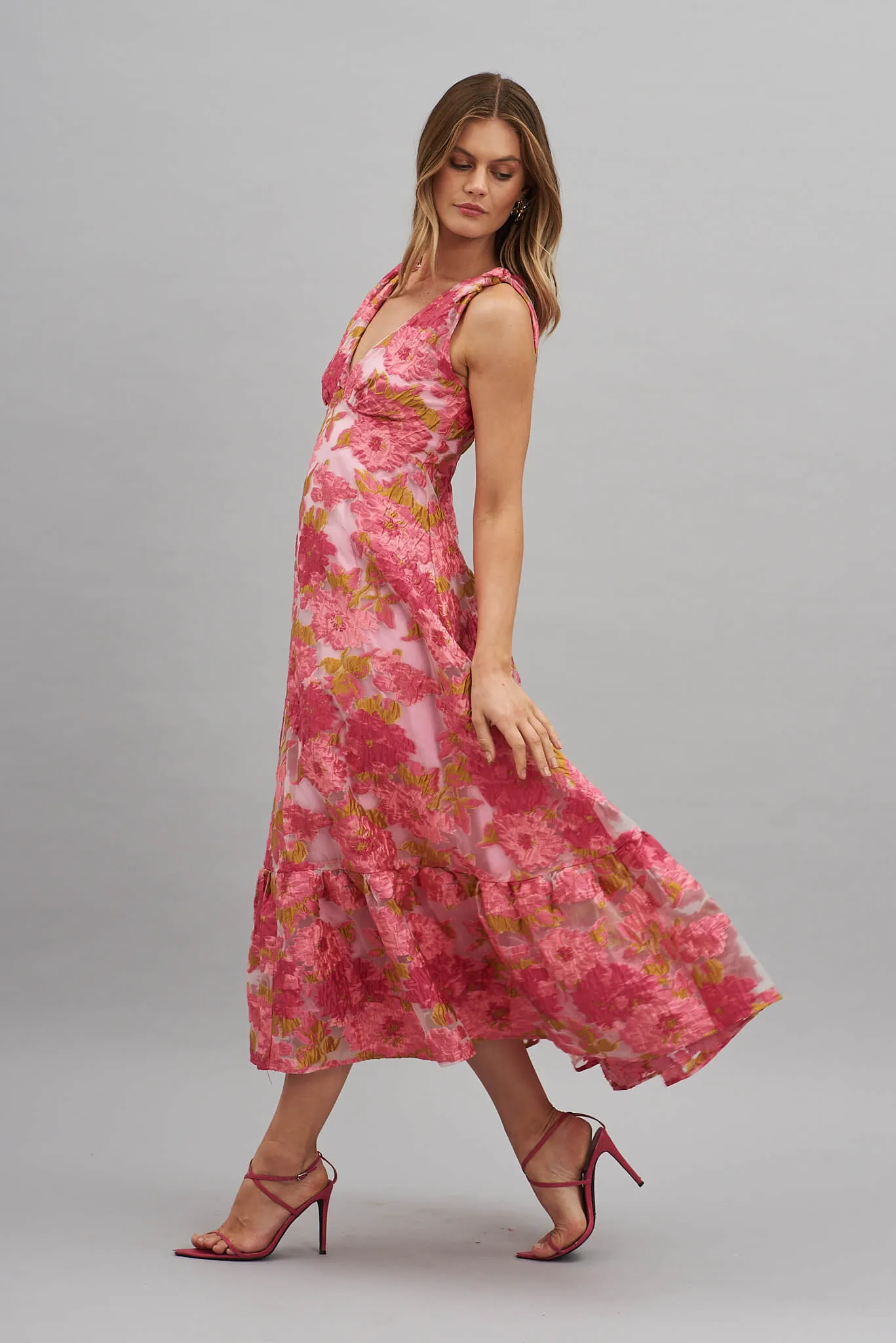 Deluxe Maxi Dress In Pink Floral Organza Burnout sold by St Frock product image thumbnail 2