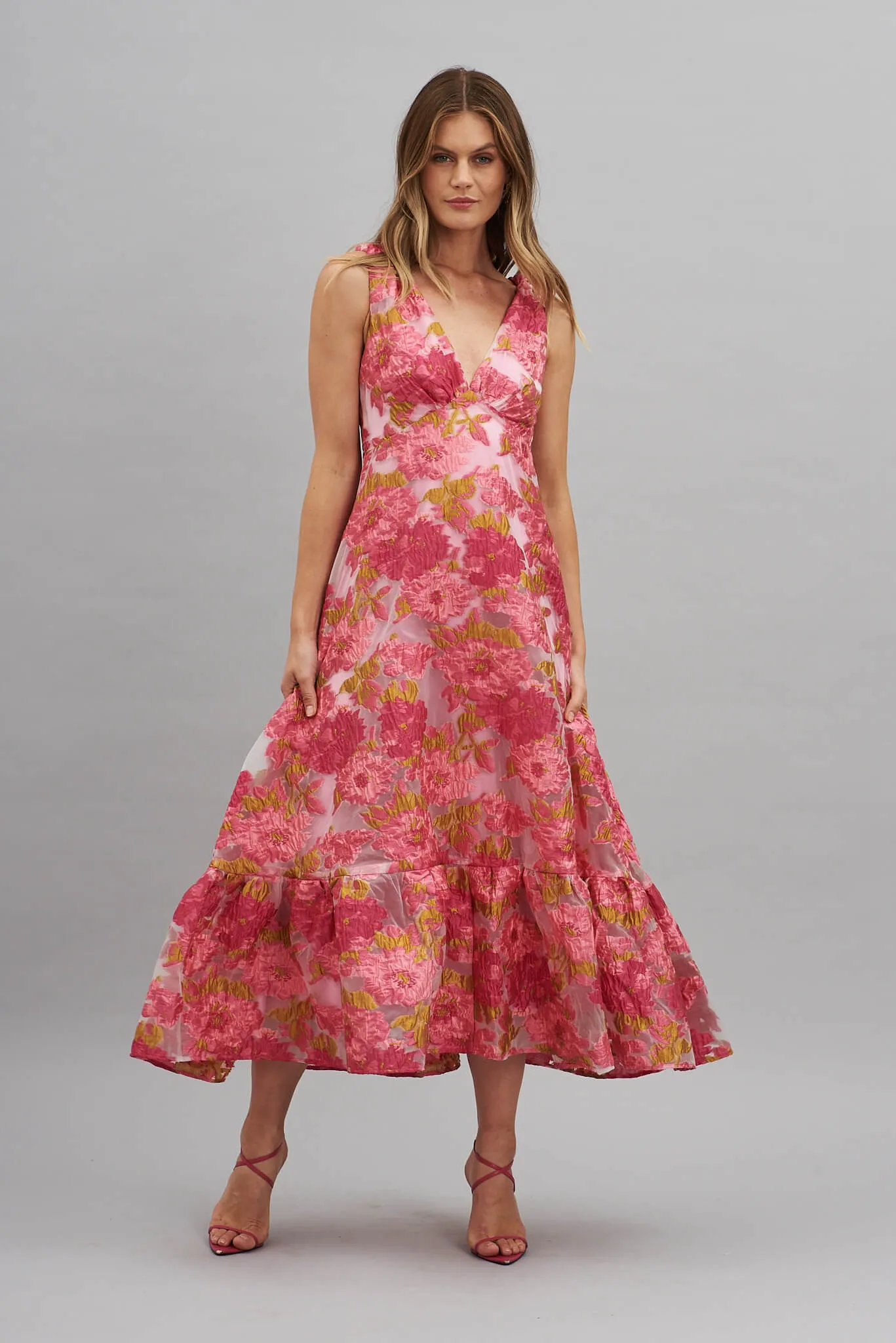 Deluxe Maxi Dress In Pink Floral Organza Burnout sold by St Frock product image thumbnail 3