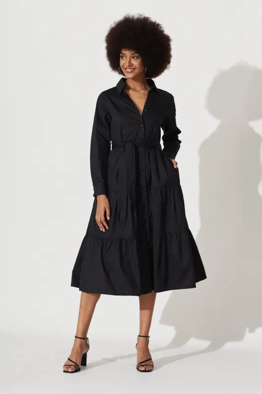 Lille Midi Shirt Dress In Black Cotton sold by St Frock