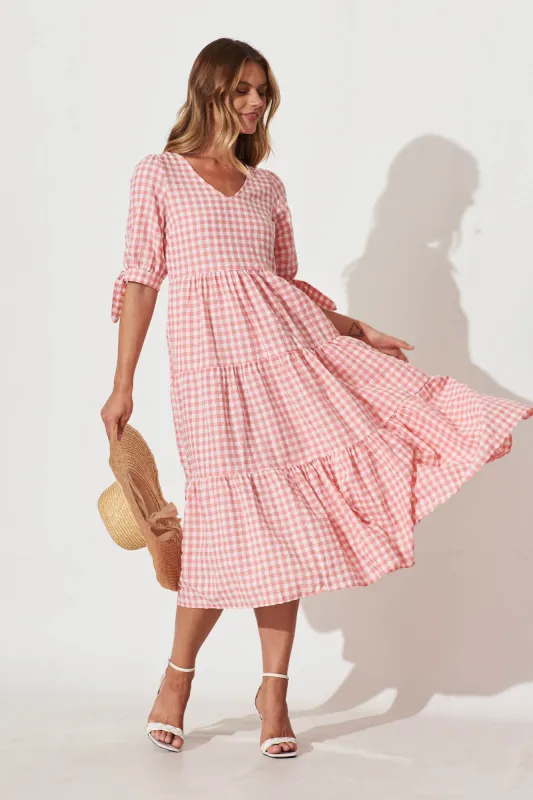 Odewick Midi Dress In Watermelon Pink Gingham sold by St Frock
