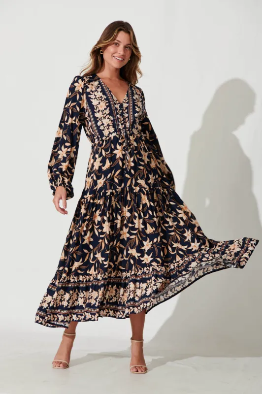 Financier Maxi Dress In Navy With Blush Boho Floral sold by St Frock
