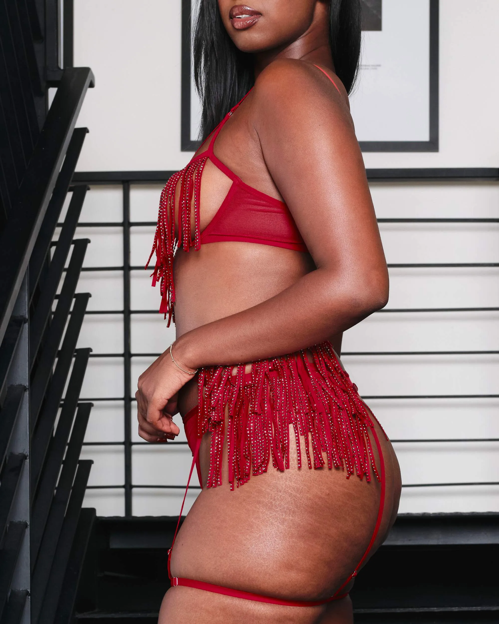 Open Cup Rhinestone Fringe Bra Cherry Bomb Red sold by Love Vera product image thumbnail 4