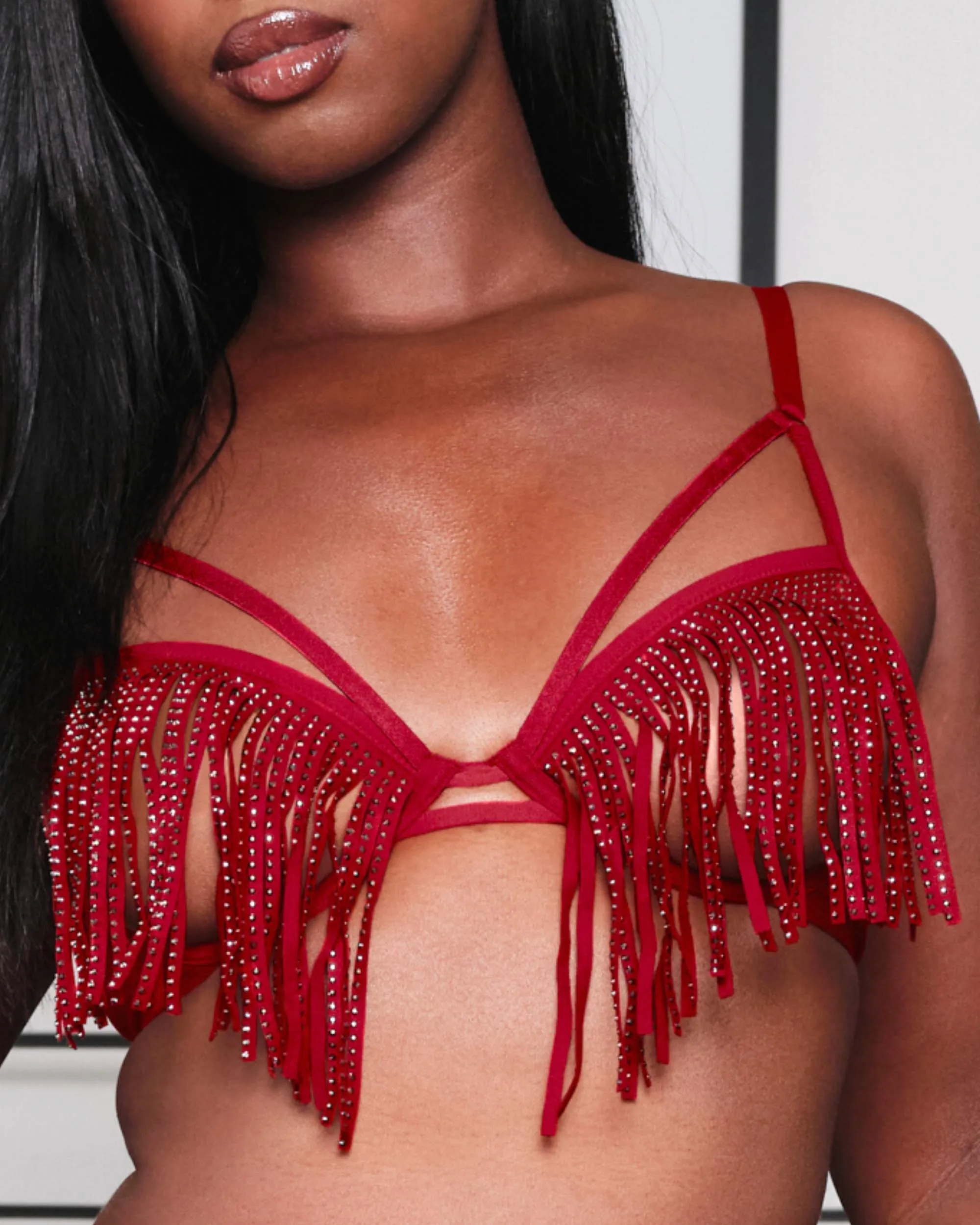 Open Cup Rhinestone Fringe Bra Cherry Bomb Red sold by Love Vera