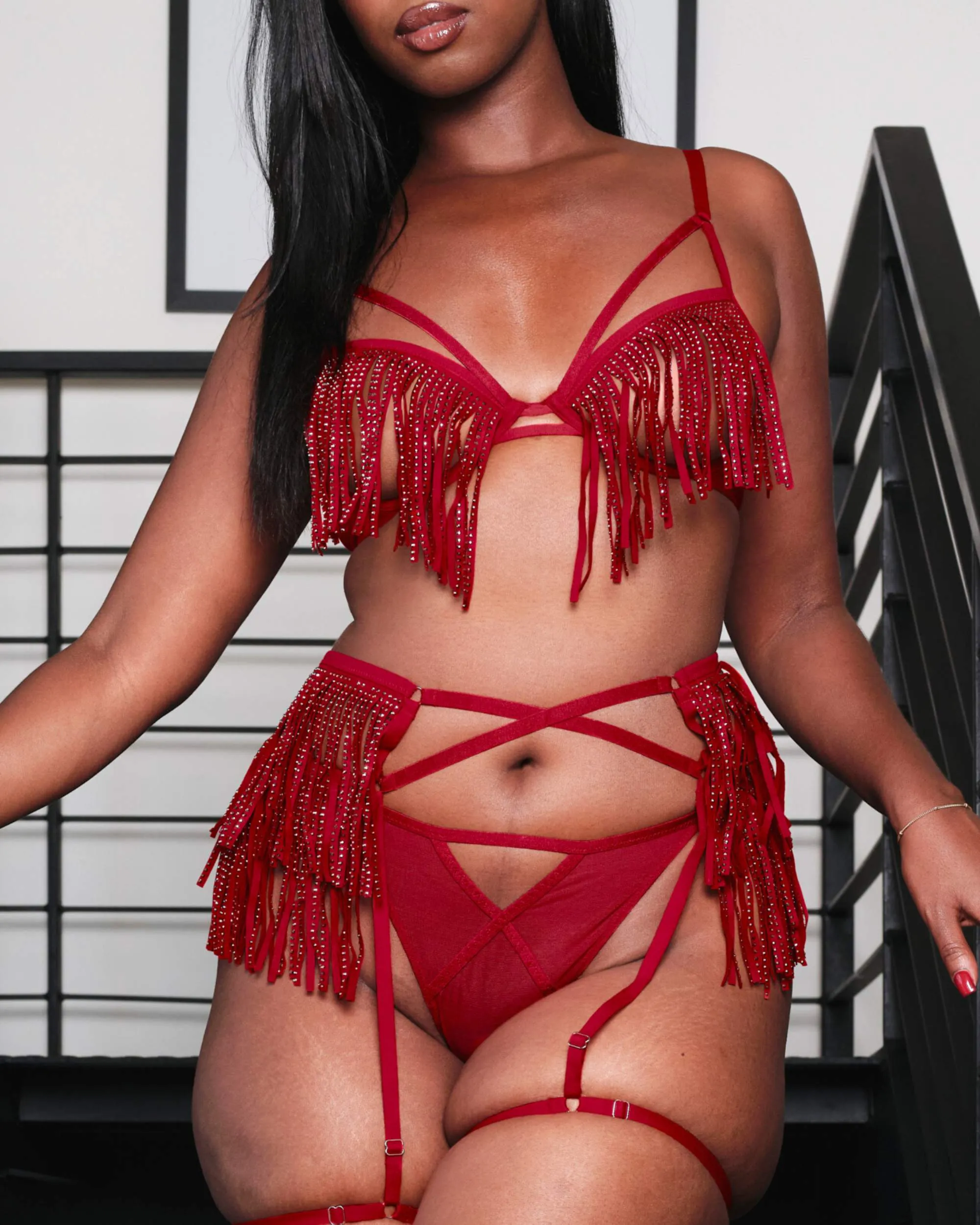 Open Cup Rhinestone Fringe Bra Cherry Bomb Red sold by Love Vera product image thumbnail 2