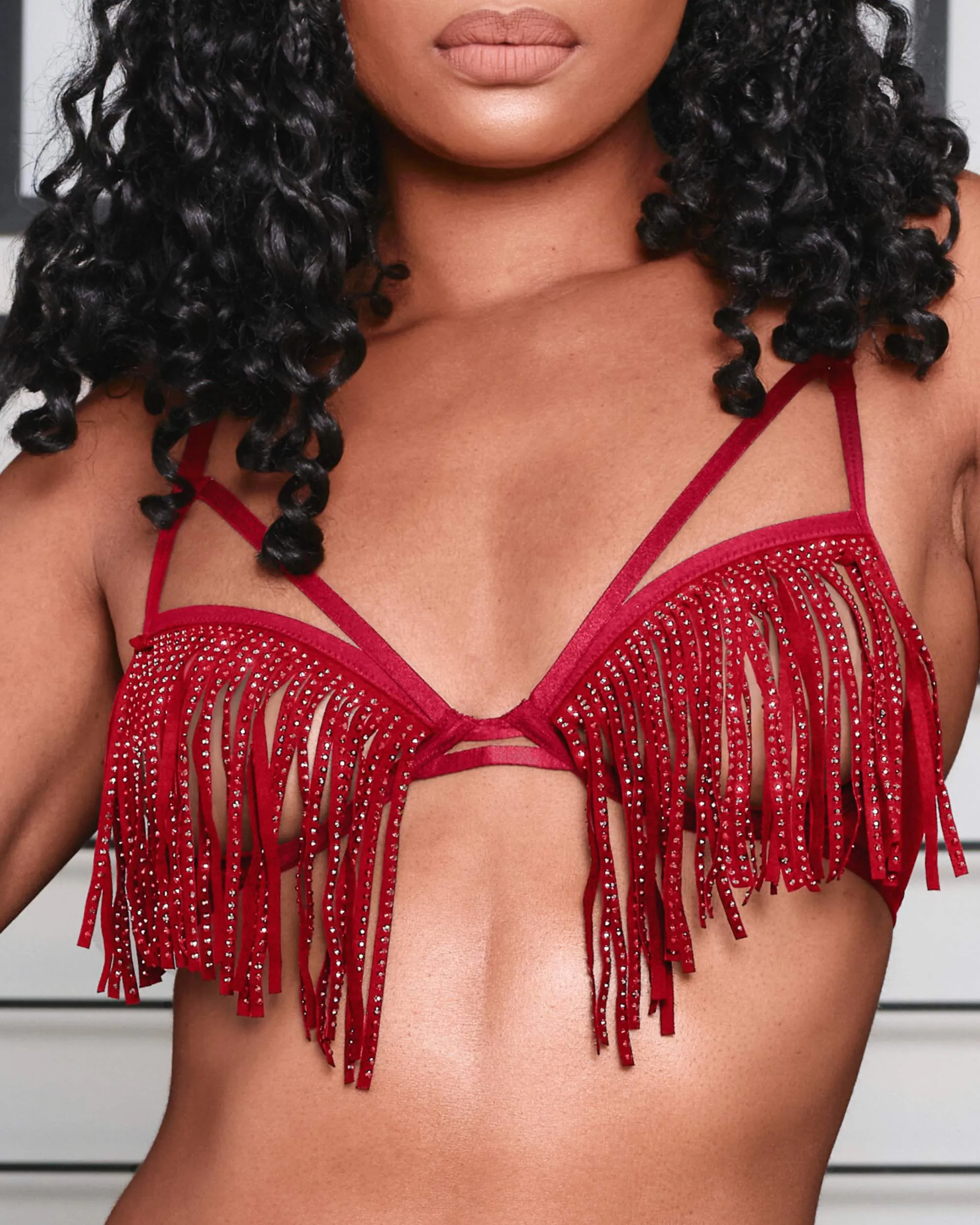 Open Cup Rhinestone Fringe Bra Cherry Bomb Red sold by Love Vera product image thumbnail 3