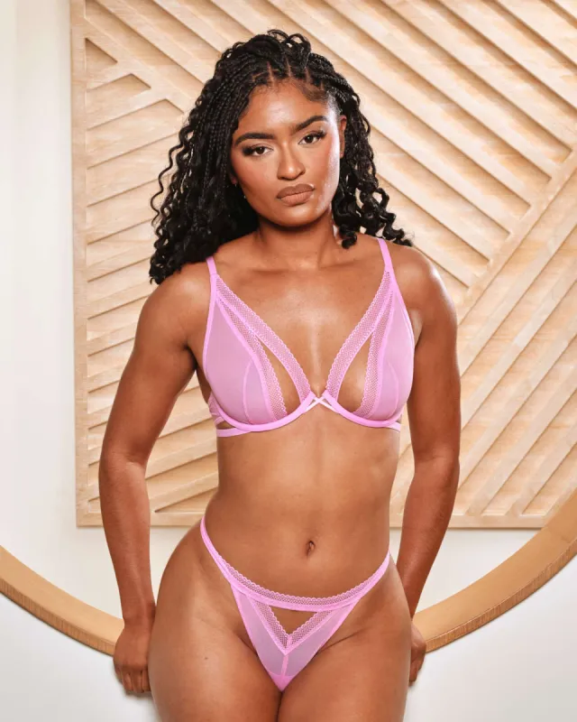 Cutout Bare Mesh Demi Bra & Panty Set Mauve sold by Love Vera