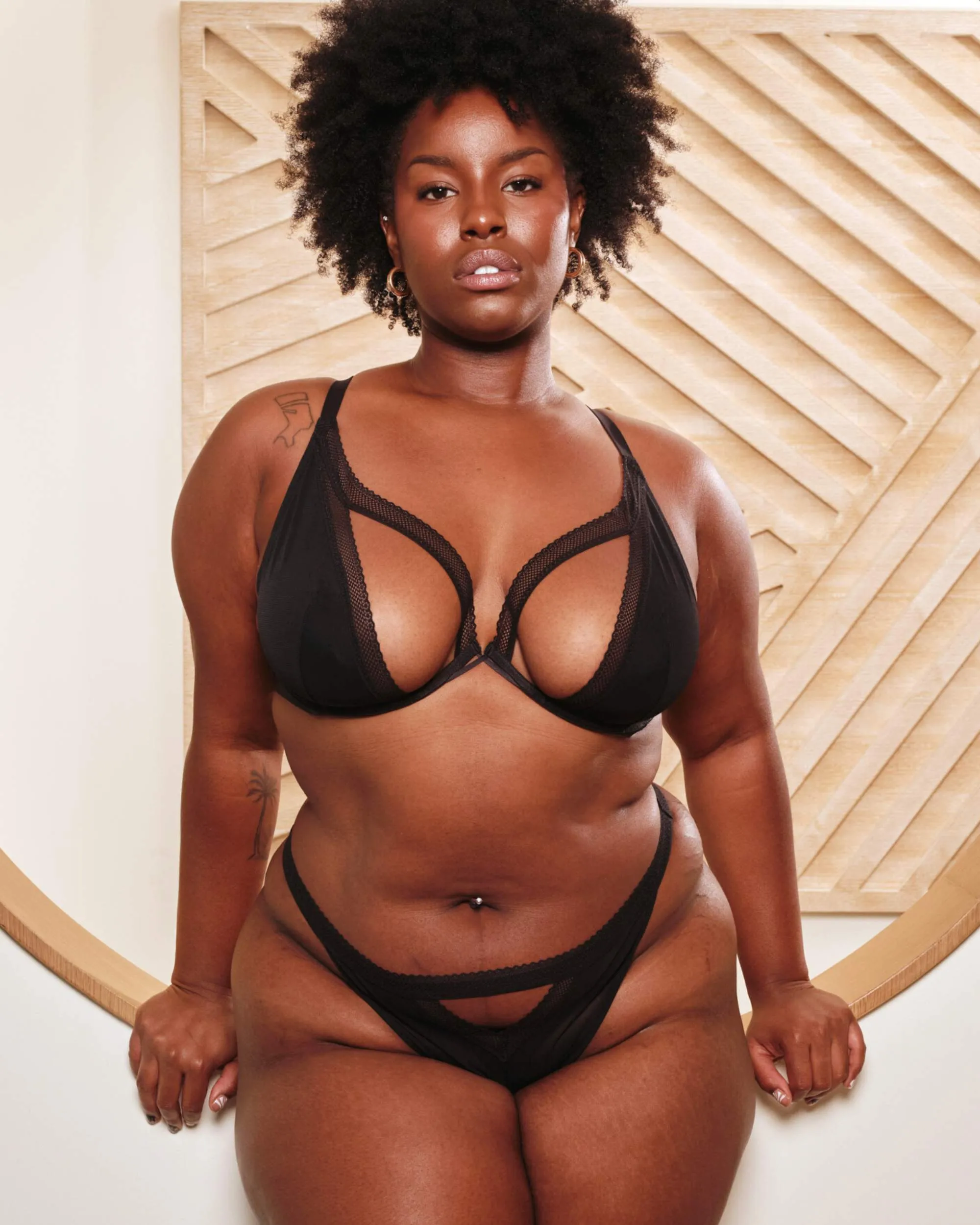 Cutout Bare Mesh Demi Bra & Panty Set Black sold by Love Vera