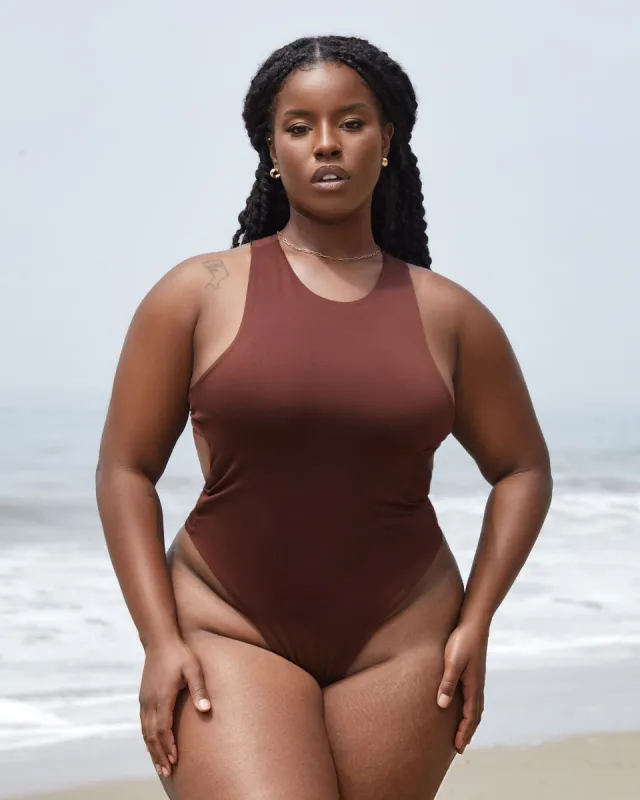 Racerback Bodysuit Open Back Chocolate sold by Love Vera