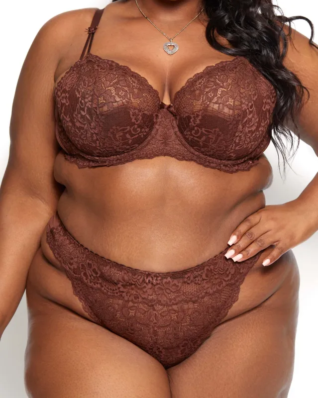 Love, Vera Nude Floral Lace Unlined Balconette Bra Chocolate Fondant Curvy sold by Love Vera