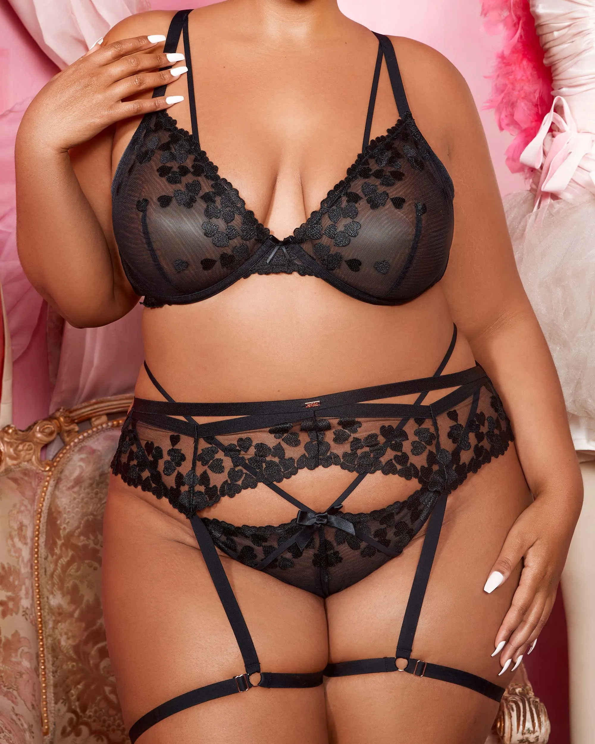 Strappy Embroidered Heart Thong Onyx Black Curvy sold by Love Vera