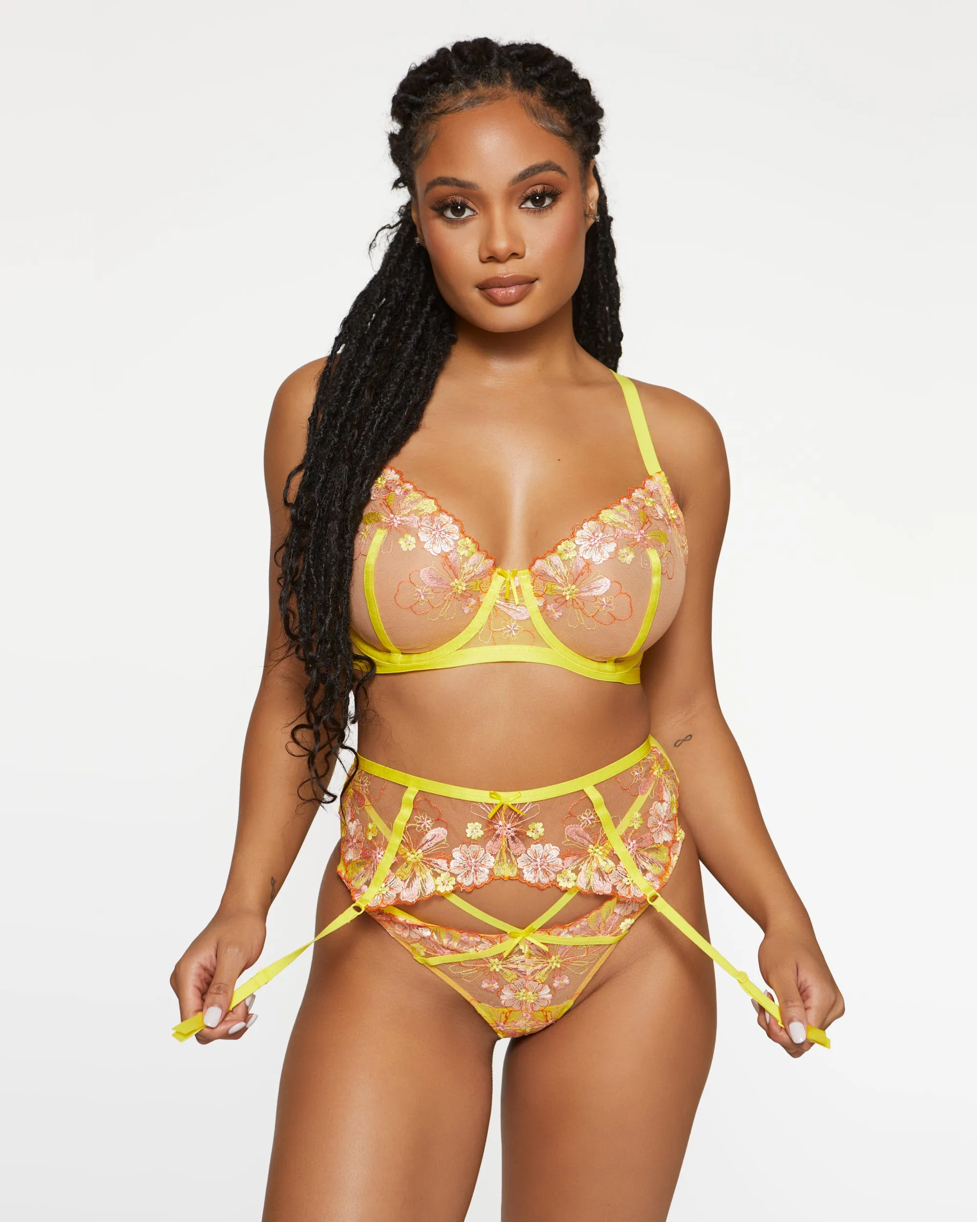 Love, Vera Embroidered Floral 3 Piece Garter Set Lemon Verbena sold by Love Vera