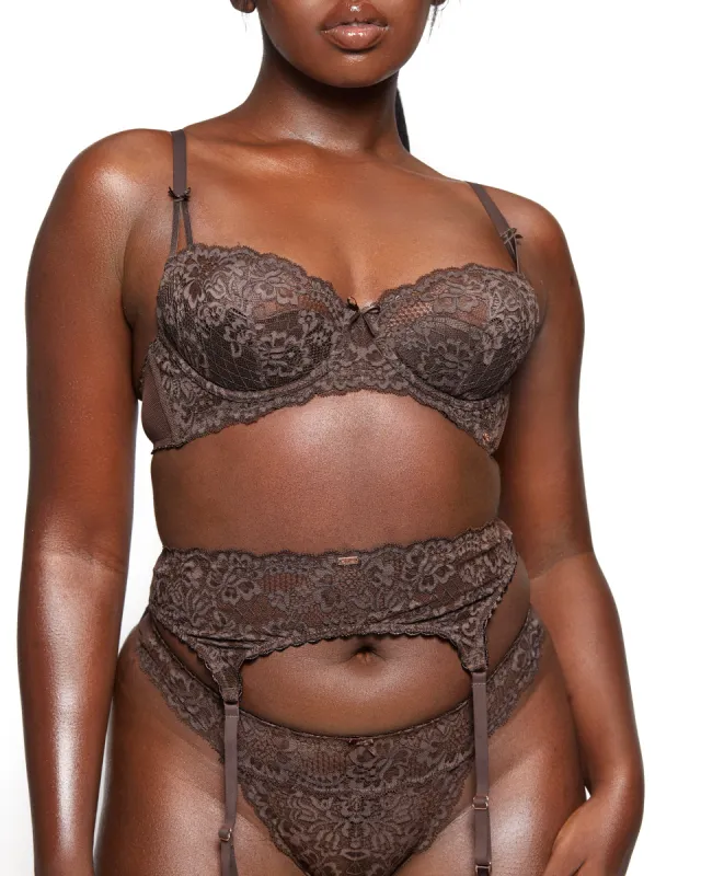 Love, Vera Nude Floral Lace & Mesh Garter Dark Cocoa sold by Love Vera
