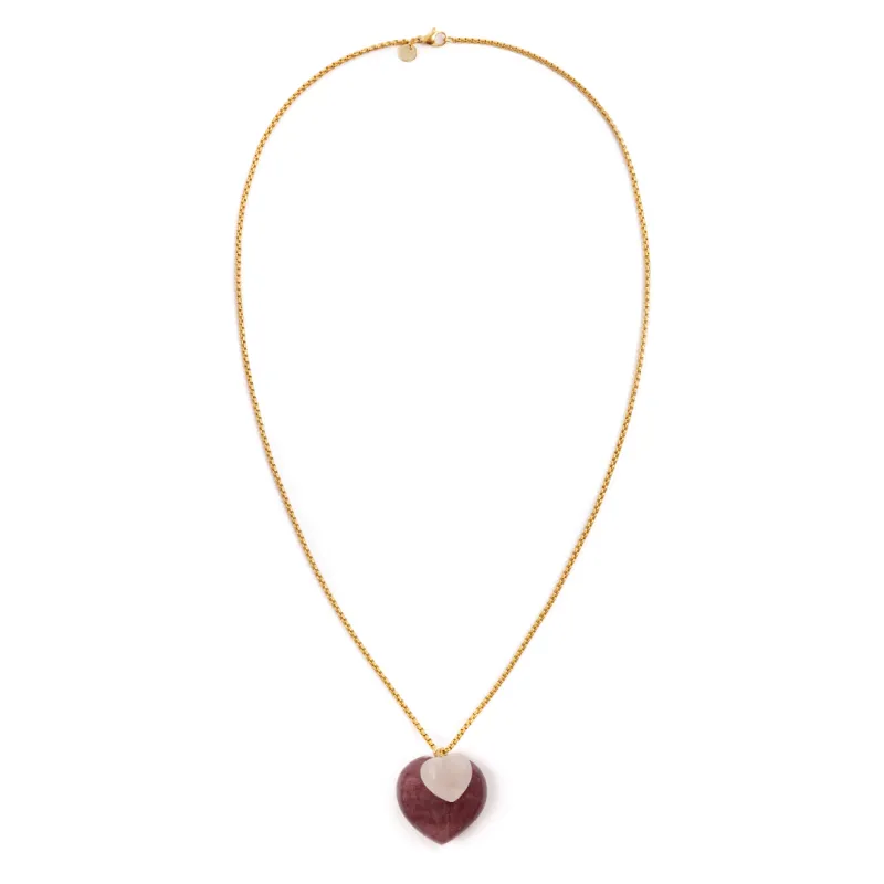 Large Double Heart Pendant Large Strawberry Quartz with Rose sold by Stone and Mason