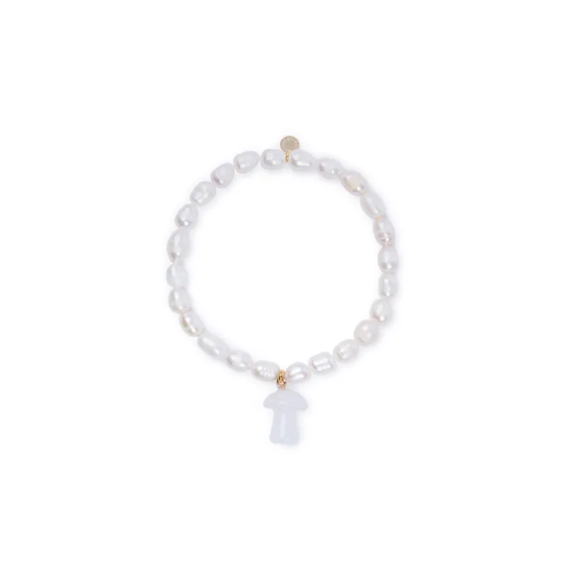 6mm Pearl Bead Bracelet with White Jasper Mushroom Charm sold by Stone and Mason