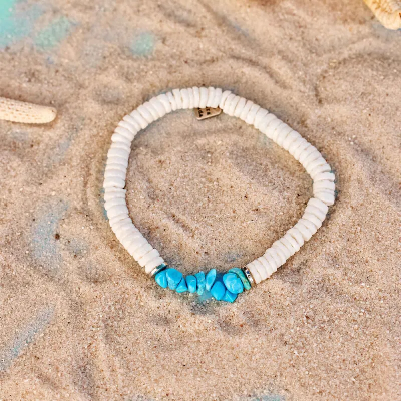 Pura Vida Bracelets Puka Shell and Turquoise Chip Stretch Bracelet - WHITE sold by Sun Diego Boardshops