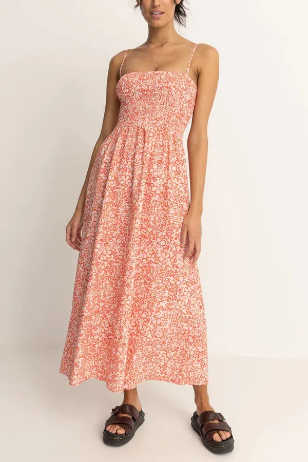 Rhythm Islander Floral Shirred Midi Dress - CORAL sold by Sun Diego Boardshops