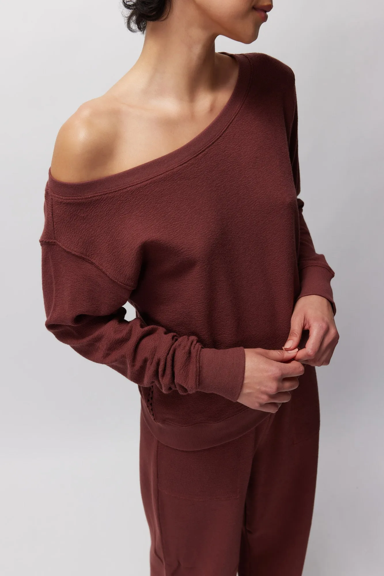 Spiritual Gangster Slub Rib Vida Off Shoulder Pullover - Washed Burgundy sold by Sun Diego Boardshops product image thumbnail 3