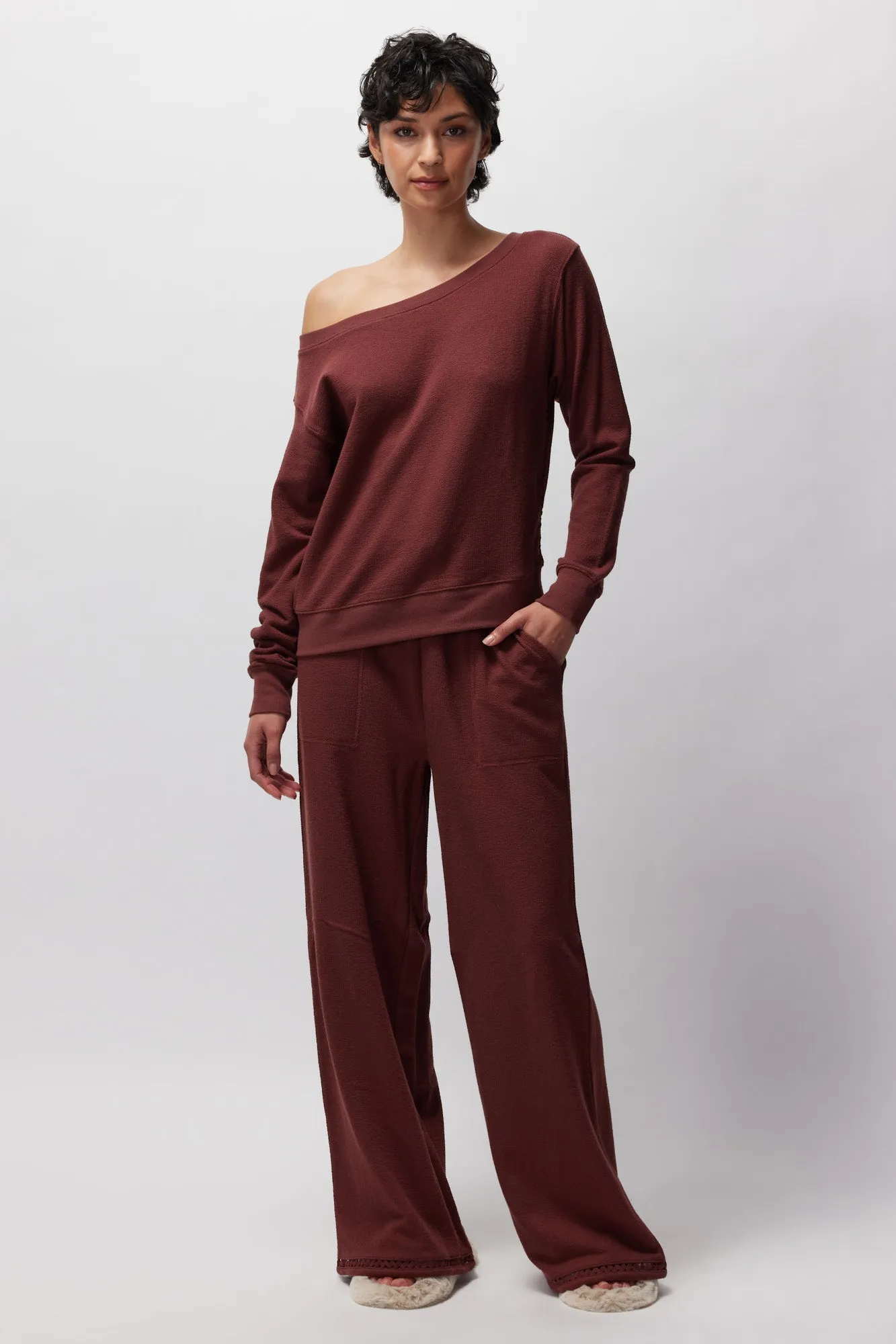 Spiritual Gangster Slub Rib Vida Off Shoulder Pullover - Washed Burgundy sold by Sun Diego Boardshops product image thumbnail 4