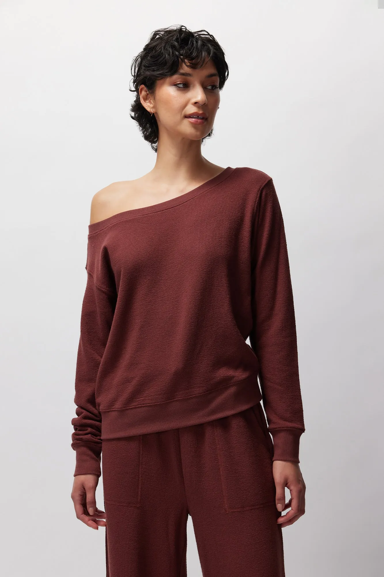 Spiritual Gangster Slub Rib Vida Off Shoulder Pullover - Washed Burgundy sold by Sun Diego Boardshops