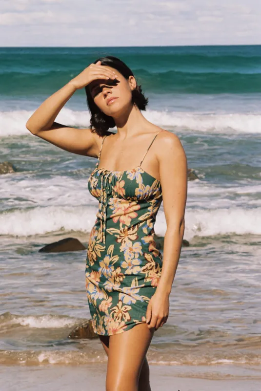 Rhythm Hawaiian Floral Gathered Mini Dress - JUNGLE sold by Sun Diego Boardshops