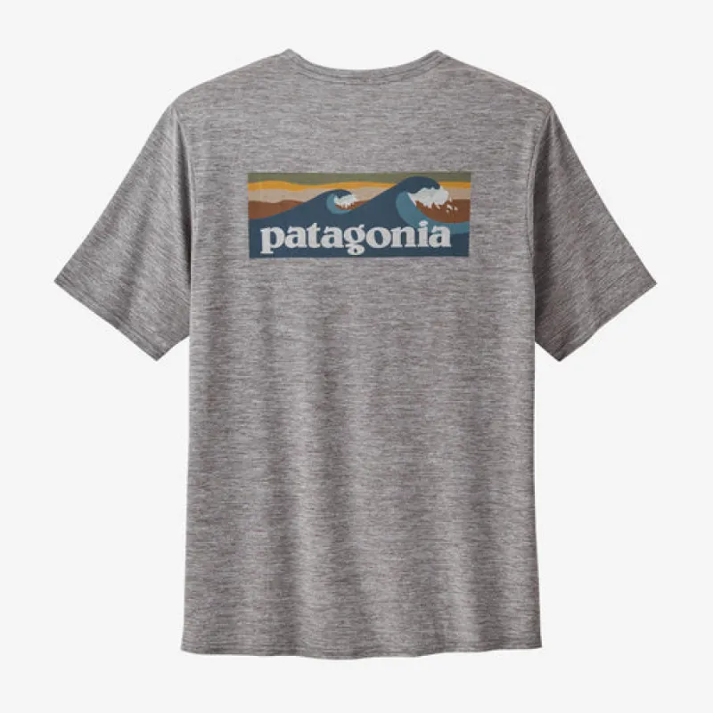 Patagonia Men's Capilene Cool Daily Graphic Shirt - Waters - BOARDSHORT LOGO ABALONE BLUE: FEATHER GREY sold by Sun Diego Boardshops