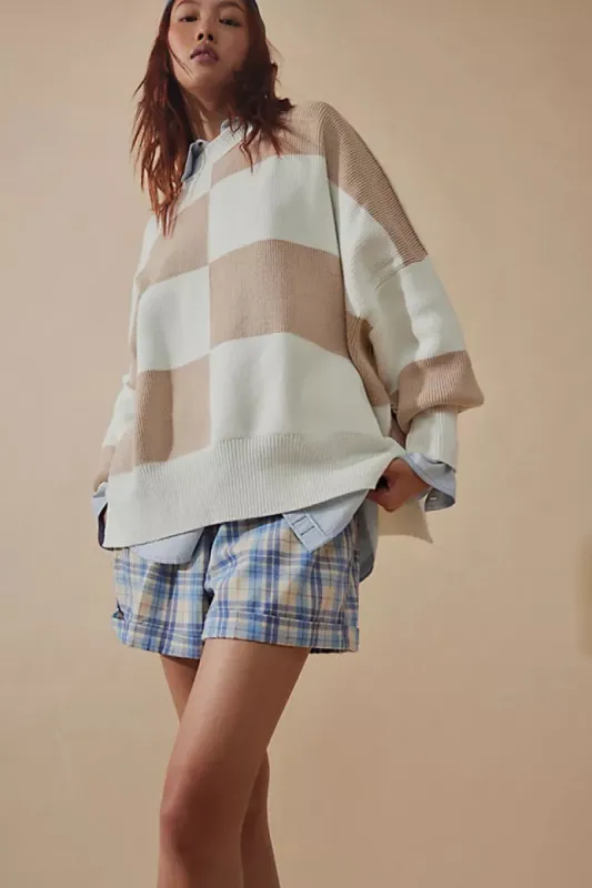 Free People Easy Street Checkered Tunic Sweater - WHITE SAND COMBO sold by Sun Diego Boardshops